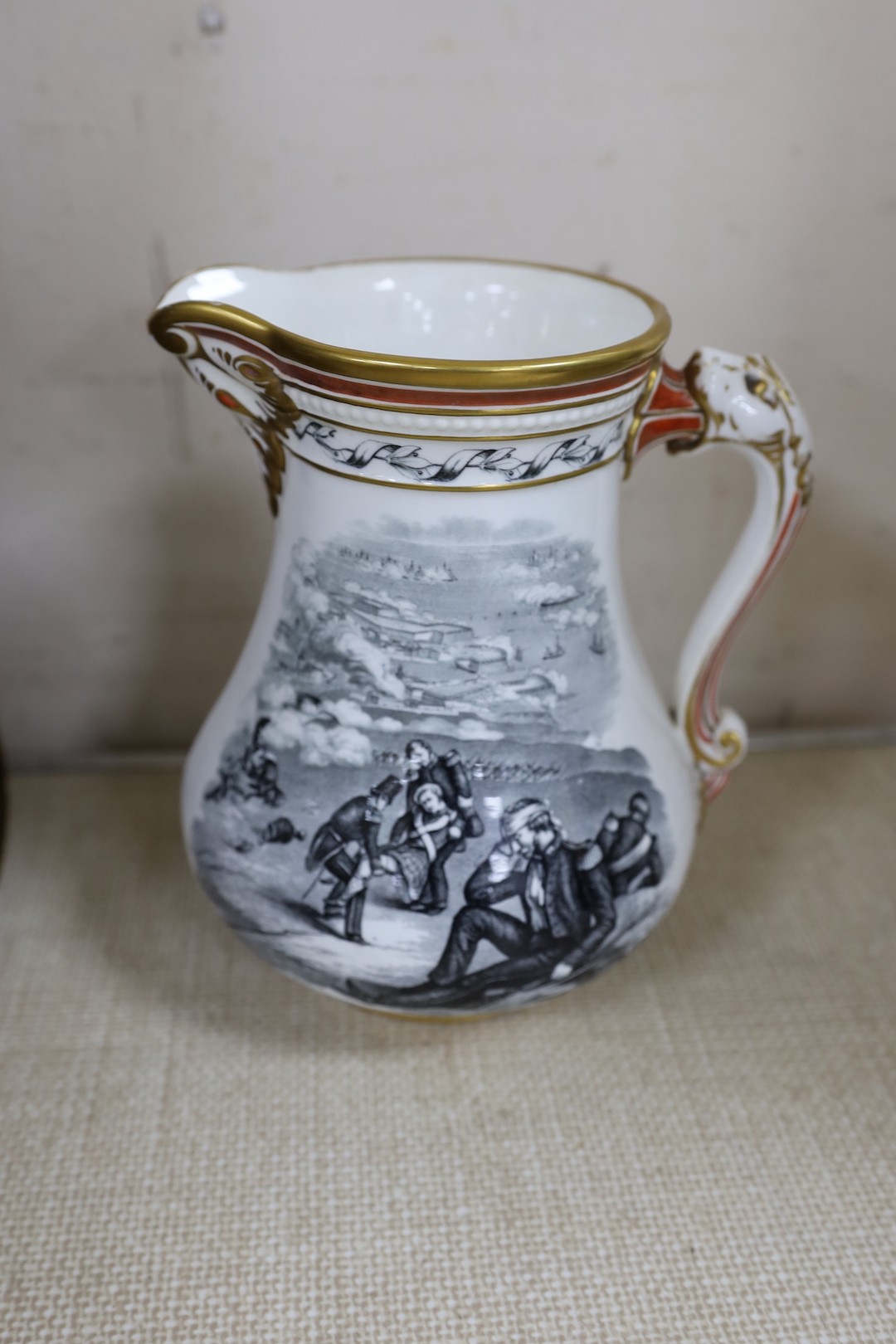 Two Victorian Royal Patriotic jugs by Samuel Alcock, 20cm, and 3 other printed jugs